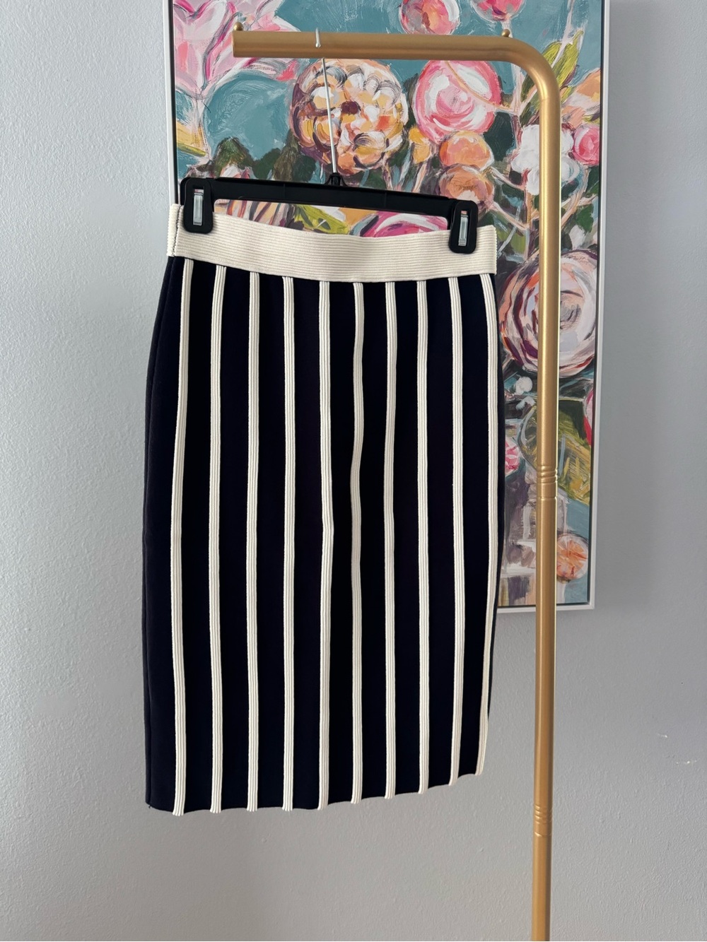 Ann Taylor Black Pencil Skirt with Cream Vertical Stripes